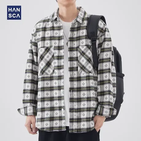 hansca美式休闲格子衬衫男春季长袖新款设计感纯棉宽松衬衣外套男商品大图
