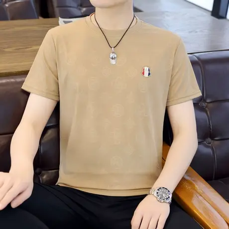 2024新款高档男士冰丝短袖t恤超高弹性男装上衣服个性休闲体恤衫商品大图