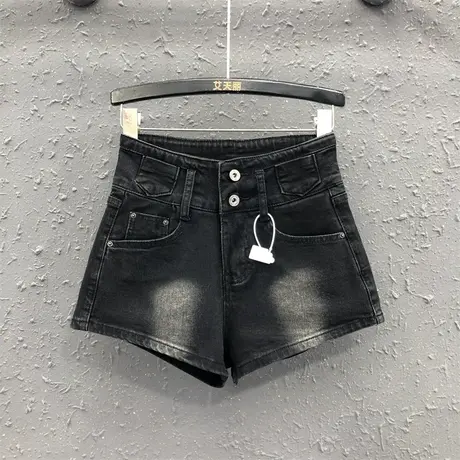 欧货韩版阔腿裤女2024春夏新款黑色重工磨白时尚高腰百搭牛仔短裤图片