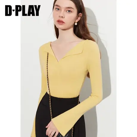 DPLAY2023年春新奶油黄修身长袖翻领喇叭袖短款针织打底衫图片