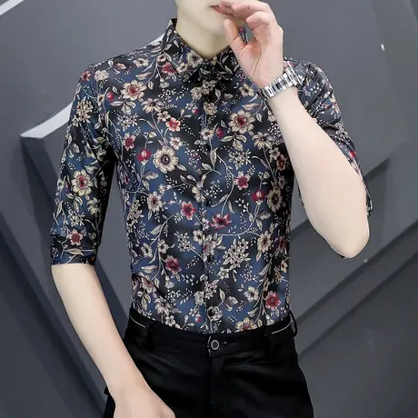 痞帅男款短袖衬衫夏季潮流韩版半袖碎花冰丝衬衣ins复古男装寸衫商品大图