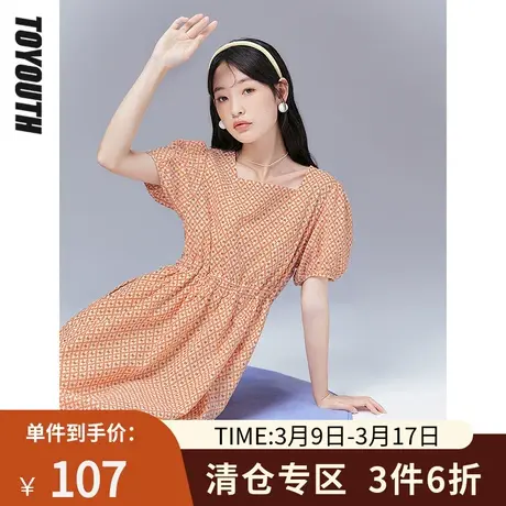 TOYOUTH初语连衣裙女夏季新款方领娃娃袖法式复古花纹野餐裙图片