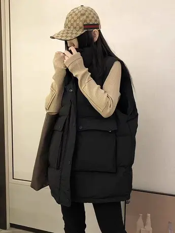 羽绒棉大口袋马甲女中长款秋冬季新款宽松马夹背心女面包服外套潮商品大图