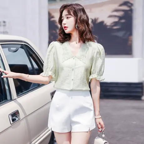 时尚甜美气质刺绣短袖衬衫商品大图