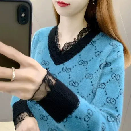 蕾丝打底衫女长袖秋季2023年新款宽松韩版针织网红insV领女士毛衣商品大图