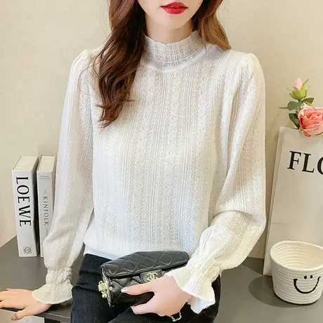 别致漂亮气质浮雕钩花蕾丝荷叶领打底衫女薄款长袖上衣春装2023款商品大图