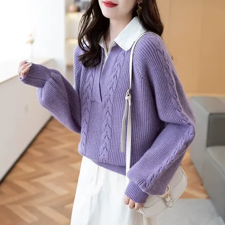 早秋装假两件紫色毛衣女秋冬2023新款复古日系慵懒风设计感针织衫图片