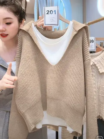 2023春秋新款女韩版宽松显瘦休闲V领纯色针织背心两件套百搭毛衣图片