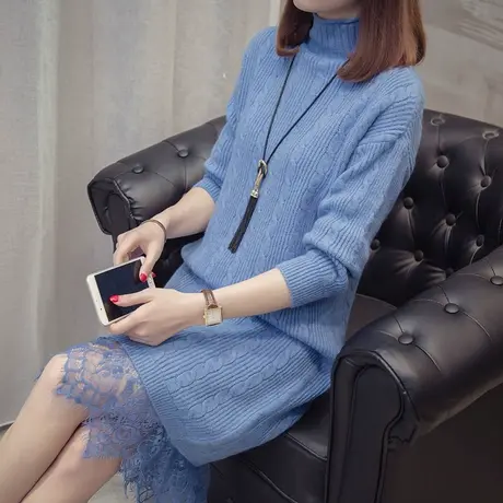 韩版麻花半高领毛衣加厚女秋冬季中长款套头蕾丝下摆针织打底衫潮商品大图