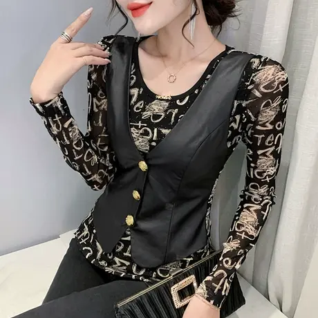 2023年春秋新款小众设计感假两件皮马夹洋气上衣百搭打底衫女长袖图片