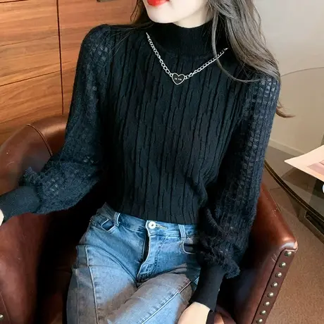 时尚蕾丝拼接针织衫女秋冬纯色百搭气质打底衫内搭套头半高领毛衣图片