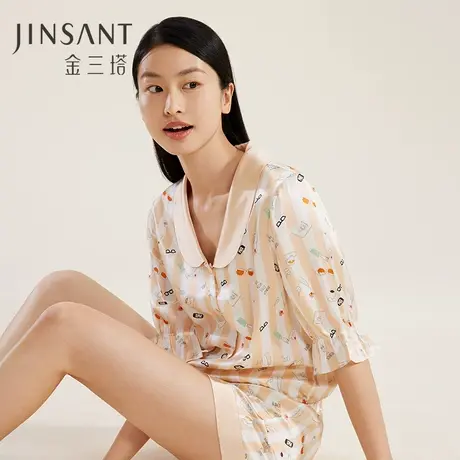 金三塔真丝 趣味条纹 吊带睡裙女100%桑蚕丝短袖短裤家居服睡衣图片
