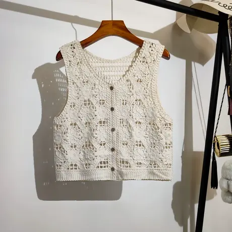 镂空针织背心马甲女开衫夏季新款v领百搭设计感小众无袖上衣外穿商品大图