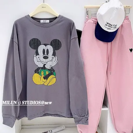 春款韩国东大门上衣chic慵懒休闲印花磨毛长袖T恤宽松欧货遮臀商品大图