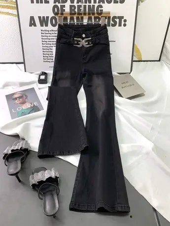 韩版金属扣牛仔喇叭裤2023秋季新款高腰显瘦百搭弹力黑色微喇长裤图片