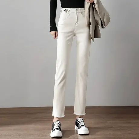 米白色烟管裤女2023新款春夏裤子九分裤春季女裤高腰直筒裤休闲裤商品大图