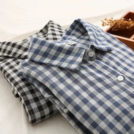 春秋季日系文艺百搭休闲双层棉纱格子长袖衬衫女学生百搭显瘦上衣图片