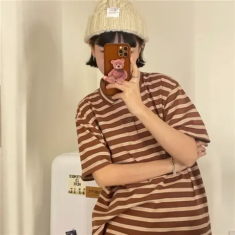 红续复古棕色条纹POLO衬衫短袖女韩版学院风t恤2023年夏季新款商品大图