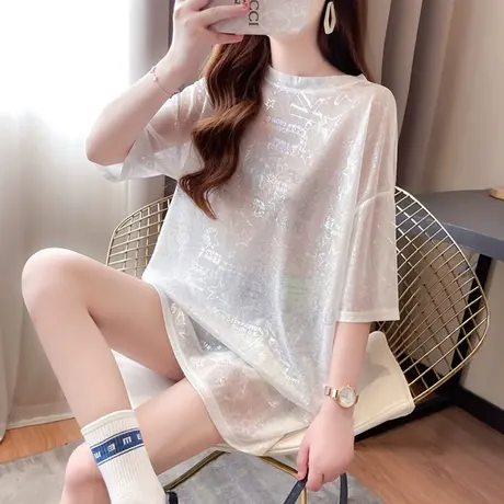 亮闪闪短袖t恤女夏季韩版宽松大码中长款设计感小众个性上衣服潮图片