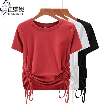 夏季新款韩版圆领显瘦修身抽绳纯色纯白短袖上衣内搭女打底衫T恤图片