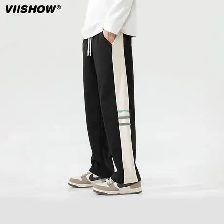 VIISHOW春秋宽松直筒休闲裤男士潮牌ins撞色运动情侣阔腿拖地长裤图片