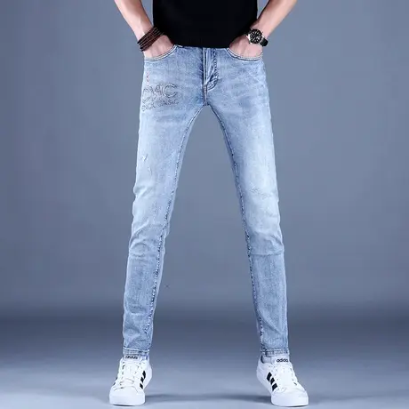 男士高端烫钻牛仔裤男潮牌修身小脚2023新款秋款男款韩版休闲裤子商品大图