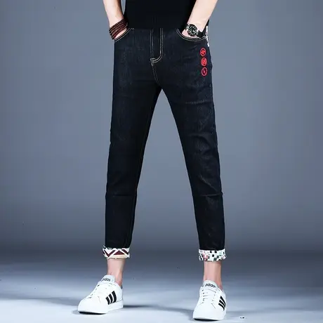 男士秋款刺绣九分牛仔裤男款修身小脚2023潮牌潮流裤子男休闲高端商品大图