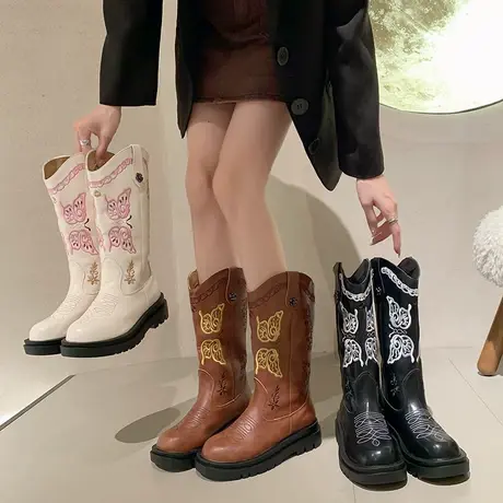 辣妹瘦瘦靴女长靴2023秋季复古超火网红显腿长刺绣高筒气质西部靴商品大图