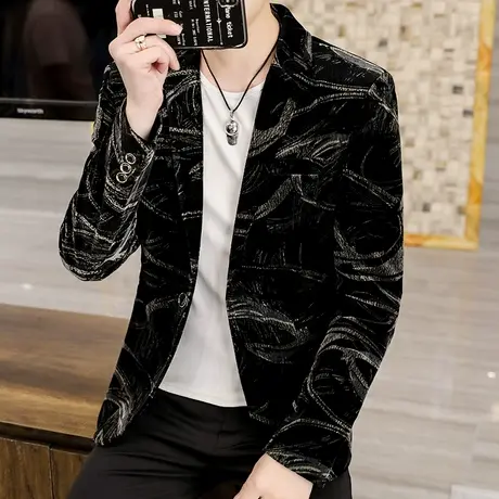 男士高端金丝绒西服秋季潮流韩版痞帅外套上衣青年时尚秋装小西装图片