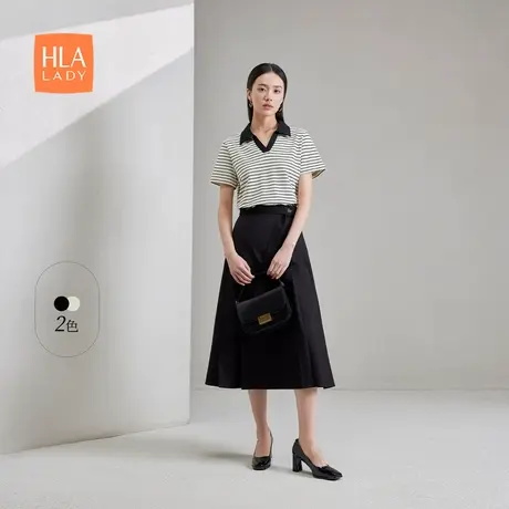 HLA/海澜之家条纹通勤短袖Polo2024春夏新款撞色V领休闲上衣女装商品大图