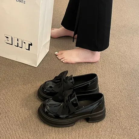 乐福鞋女2024春秋季新款蝴蝶结一脚蹬单鞋粗跟厚底通勤黑色小皮鞋图片
