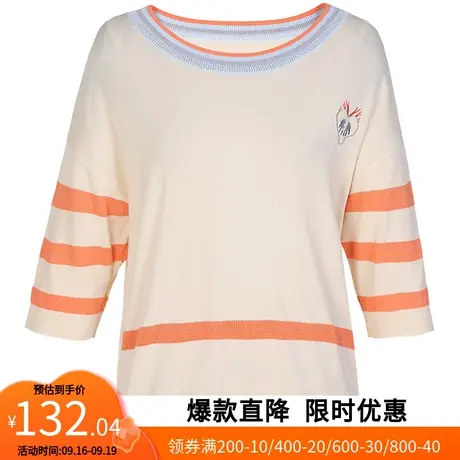 【艾格】2023春季新款女装简约圆领青春学院风撞色刺绣宽松针织衫图片