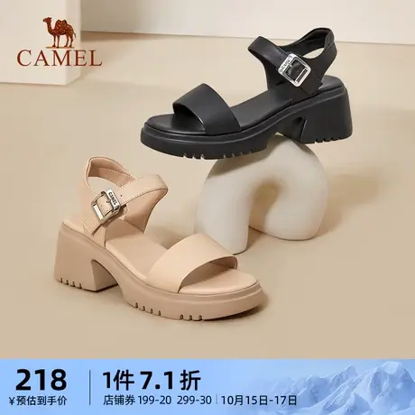 骆驼女鞋2023年夏季新款真皮一字带凉鞋女时尚高跟露趾时装凉鞋女图片