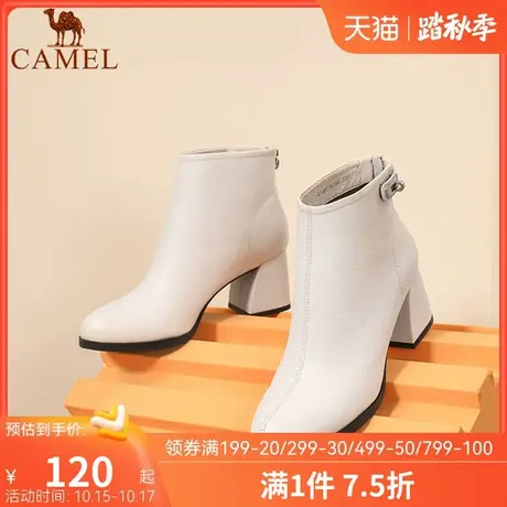 骆驼女鞋2022秋冬新款时尚真皮靴子女休闲高跟靴英伦风粗跟短靴女图片