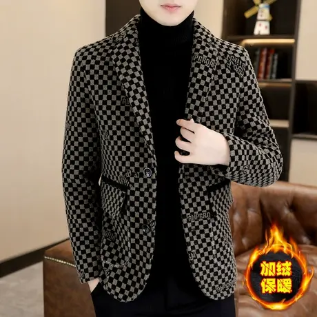 格子西服外套男士加绒加厚潮流秋冬季轻奢高端时尚休闲呢子小西装商品大图