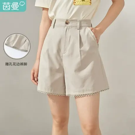 【商场同款】茵曼卡其色通勤短裤女2023夏季新款花边阔腿显瘦裤子图片