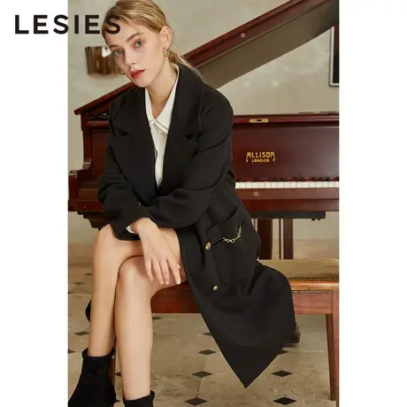 LESIES蓝色倾情秋冬季女新款翻领英伦风时尚中长款毛呢大衣外套图片