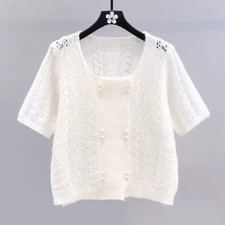 春夏短袖镂空针织开衫女2023年新款双排扣设计感洋气薄款毛衣外套图片