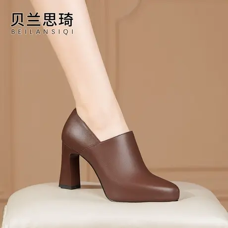 软牛皮舒适厚底粗跟单鞋女2024春秋季新款真皮深口防水台高跟鞋图片