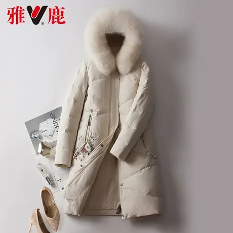 雅鹿大狐狸毛领羽绒服女中长款连帽保暖加厚印花外套2022冬季新款商品大图