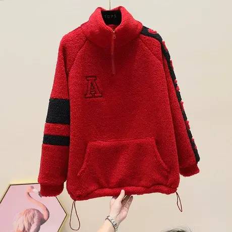 欧货加绒加厚羊羔毛卫衣女冬立领套头刺绣字母韩版百搭外套上衣潮图片