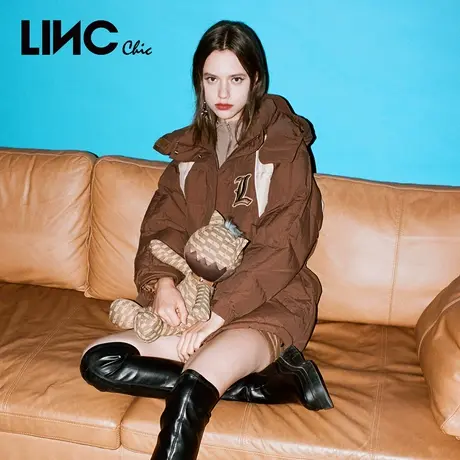 LINC金羽杰2023冬新款收腰撞色设计反季断码女款短款派克羽绒服女商品大图