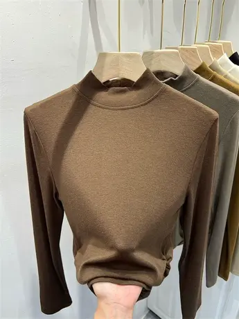 秋装半高领修身套头纯色羊绒弹力软糯褶皱针织长袖T恤女打底衫潮商品大图