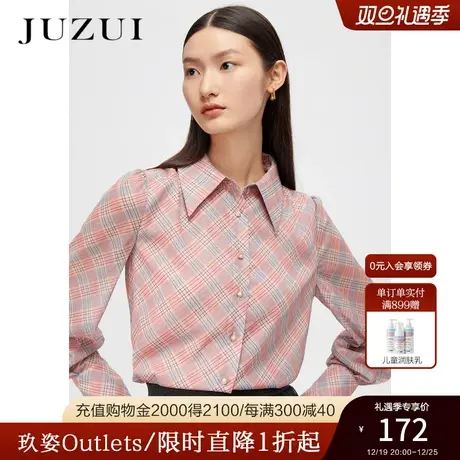 JUZUI玖姿春秋新款复古感港风格纹休闲时尚文雅女雪纺衬衫商品大图