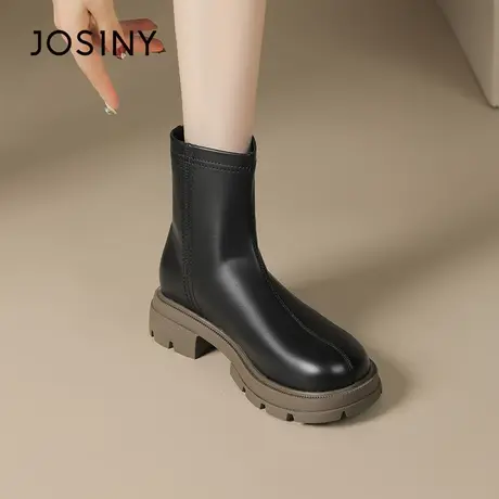 卓诗尼软皮小短靴女2023冬季新款粗跟显瘦时装女靴厚底增高马丁靴图片