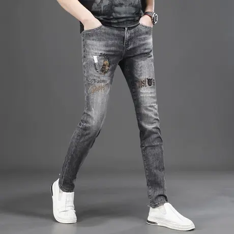 高端潮牌刺绣牛仔裤男2025新款夏季青年时尚修身小脚裤子男潮牌商品大图