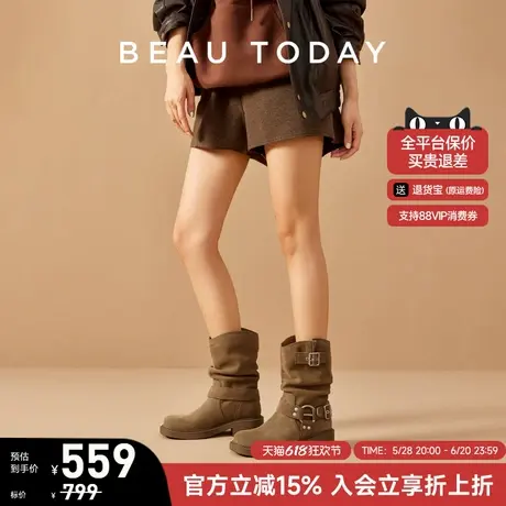 BeauToday真皮靴子时尚中筒靴女款夏季西部牛仔靴复古堆堆靴短靴图片