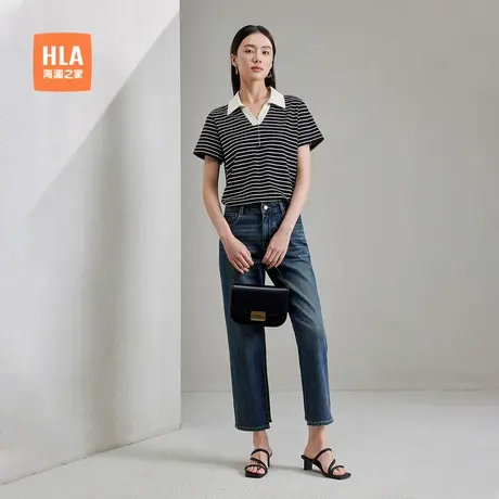 HLA/海澜之家条纹通勤微弹短袖Polo夏季新款V领商务直筒黑色女装商品大图