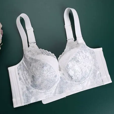 美容院调整型内衣女大码防下垂收副乳缎面印花薄款大胸显小文胸罩商品大图
