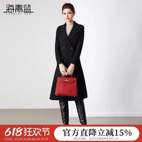 海青蓝大衣女2024冬季新款高级感英伦中长款黑色羊毛双面毛呢外套图片